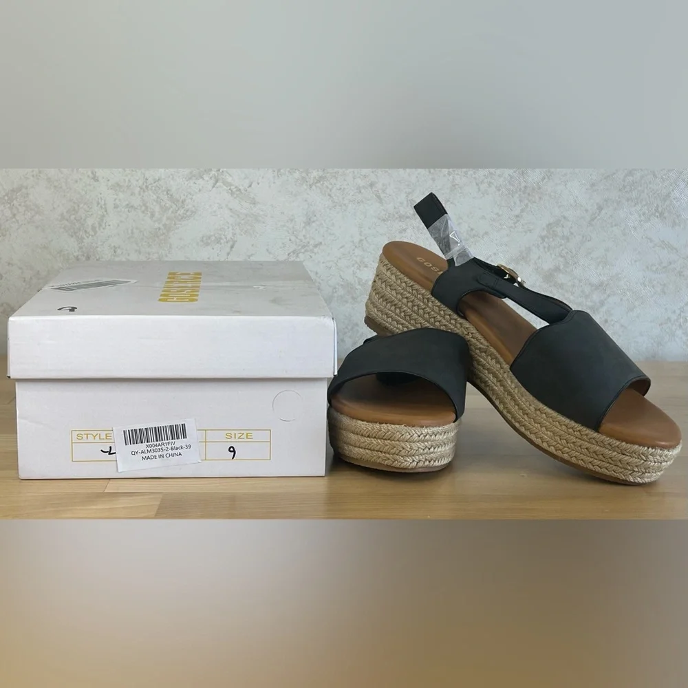 Black Scalloped Espadrille Platform Sandals Size 9 NWT In Box